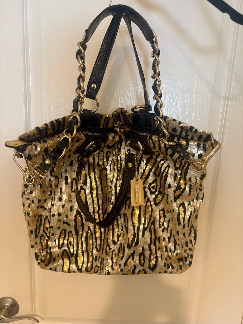 COACH Sequined Animal Print Tote Bag in Gold and Black